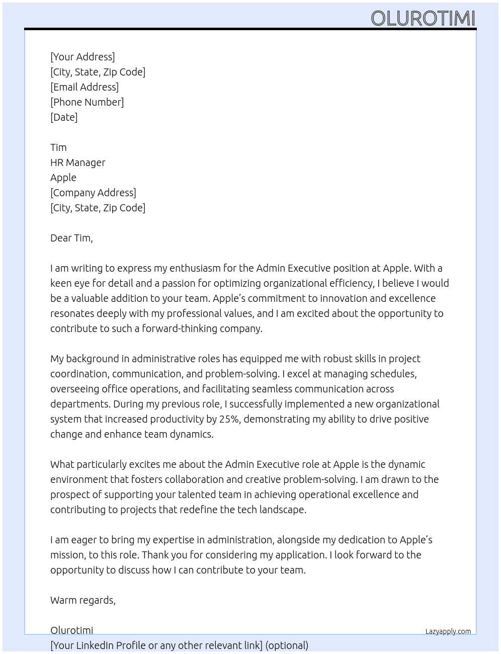 Admin Executive At Apple Cover Letter