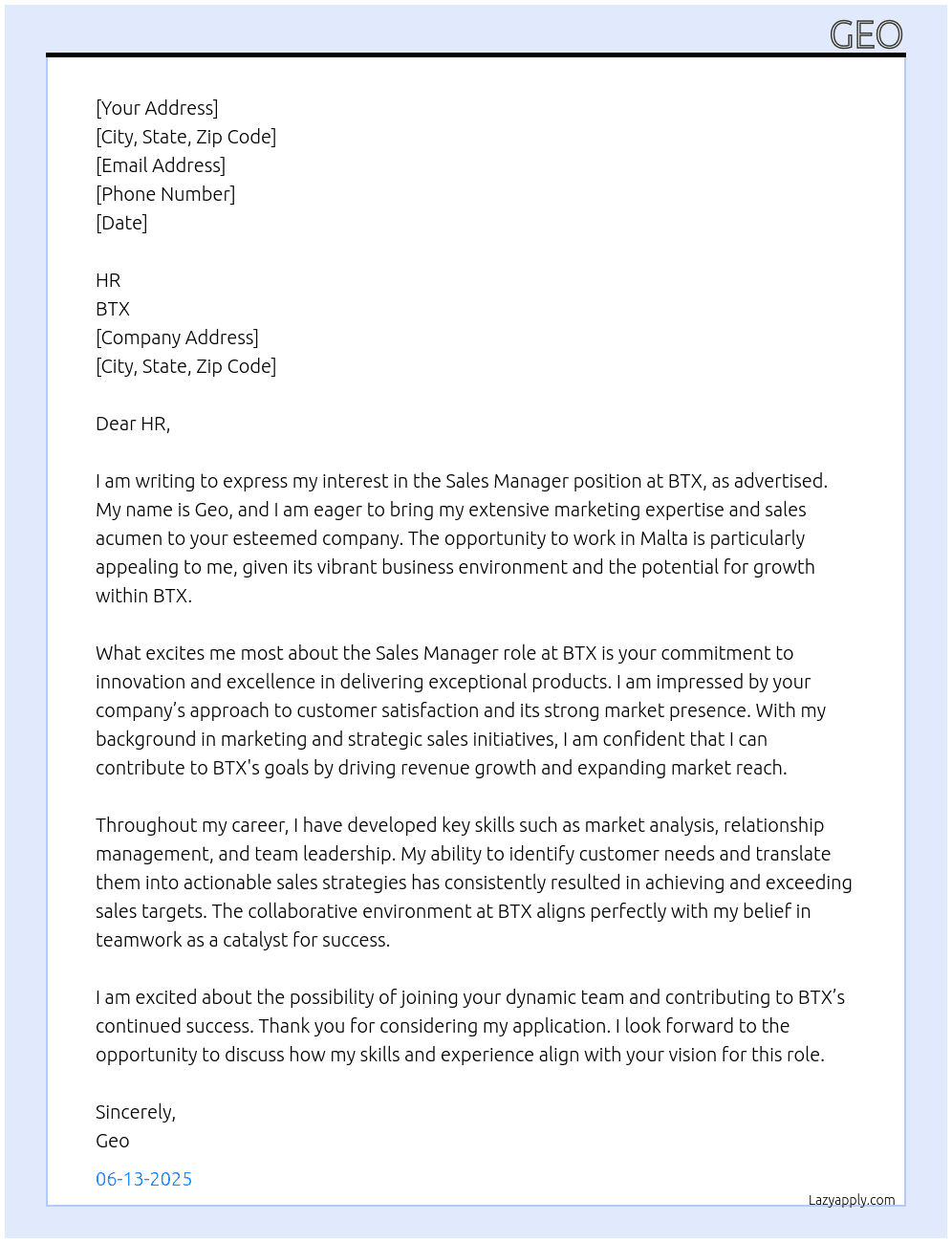 Sales manager At btx Cover Letter