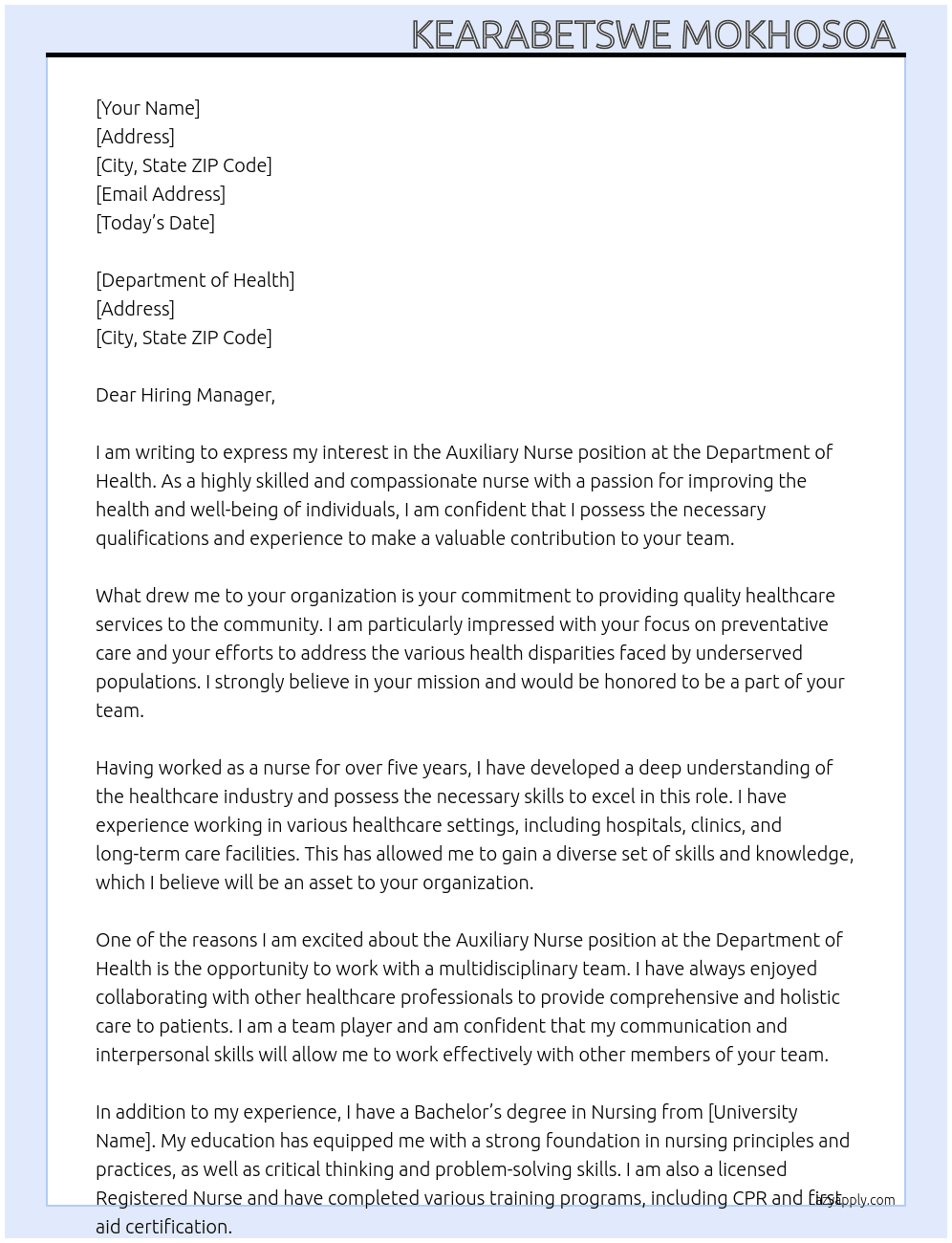Auxiliary nurse  At Department of health  Cover Letter