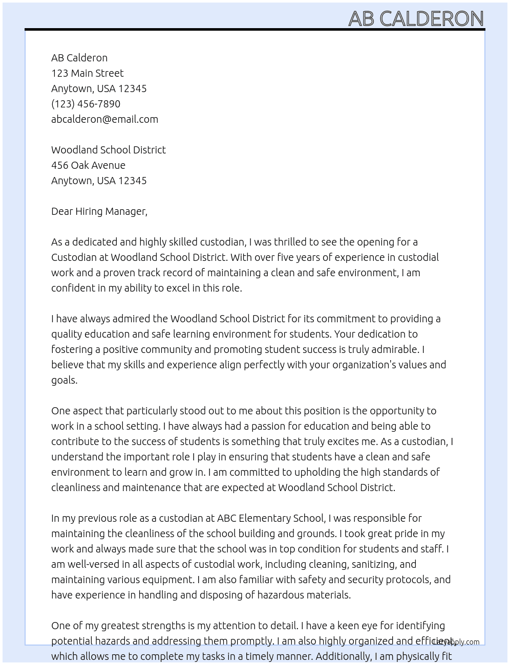 Custodian At Woodland School District Cover Letter
