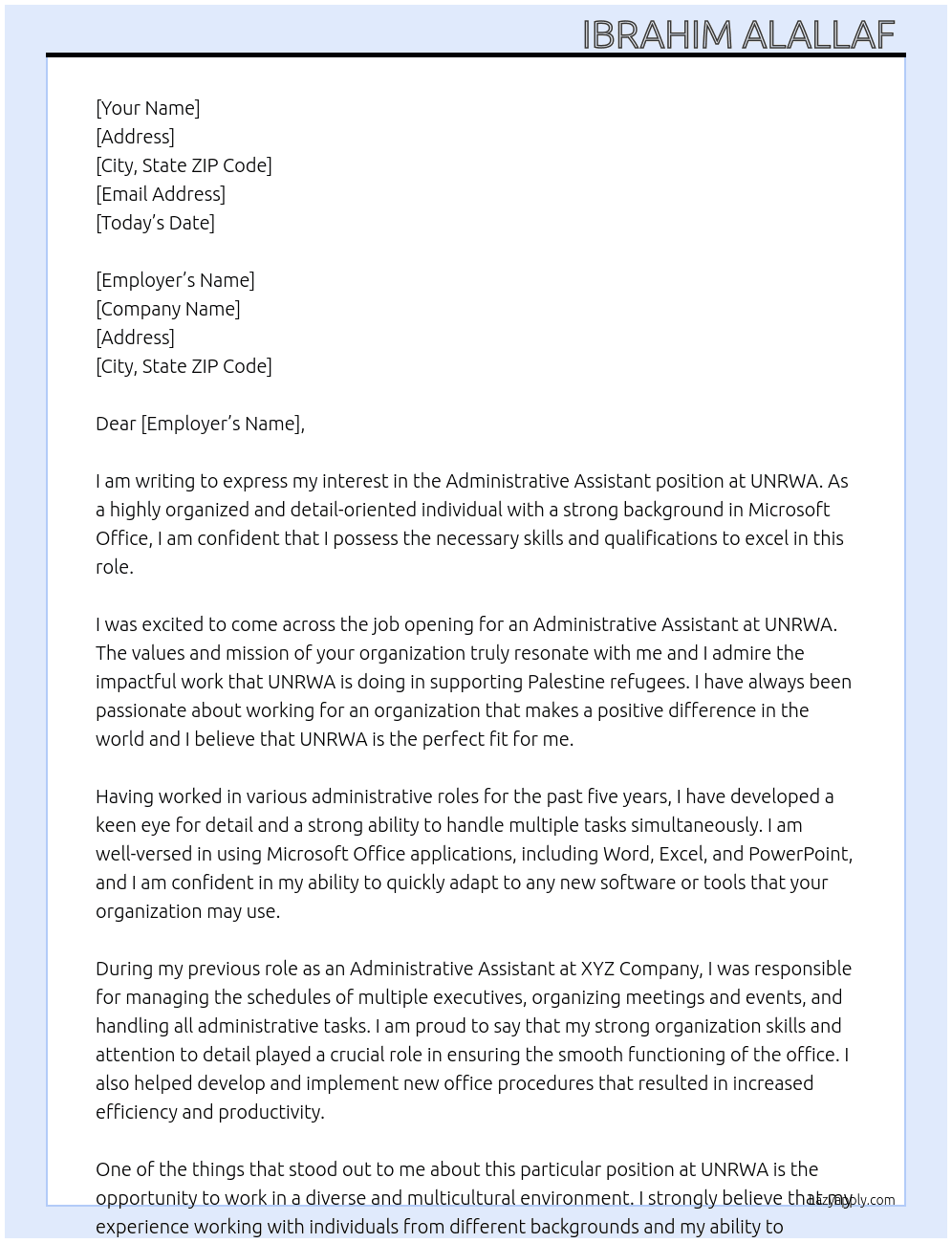  Administrative Assistant  At UNRWA  Cover Letter