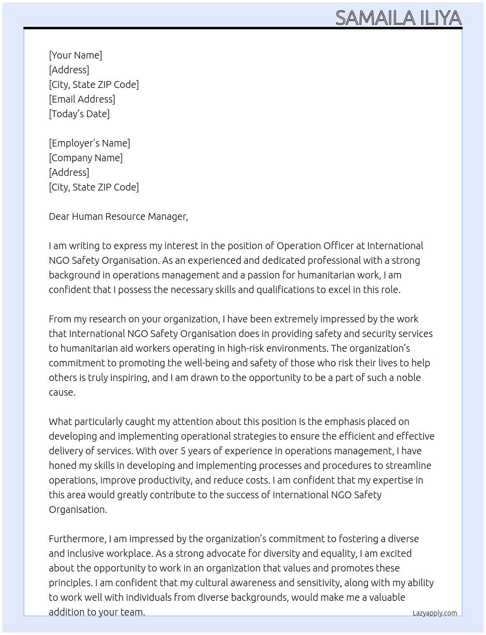 Operation Officer At International NGO Safety Organisation Cover Letter