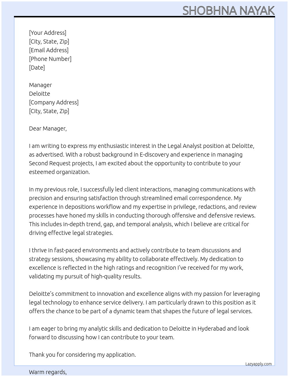 Cover letter for legal analyst - LazyApply