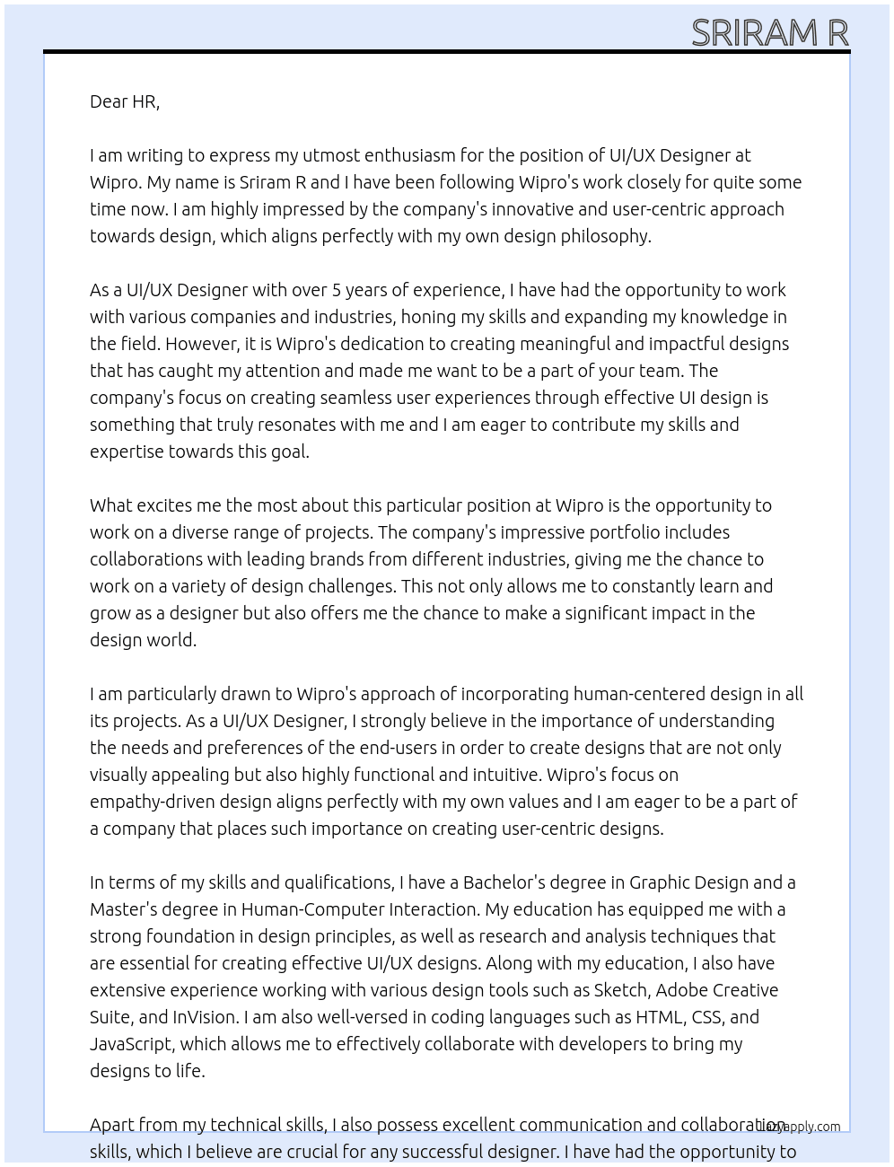 UI UX Designer At wipro Cover Letter