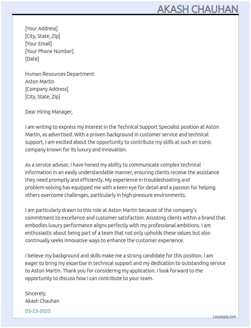 Technical Support Specialist At aston martin Cover Letter