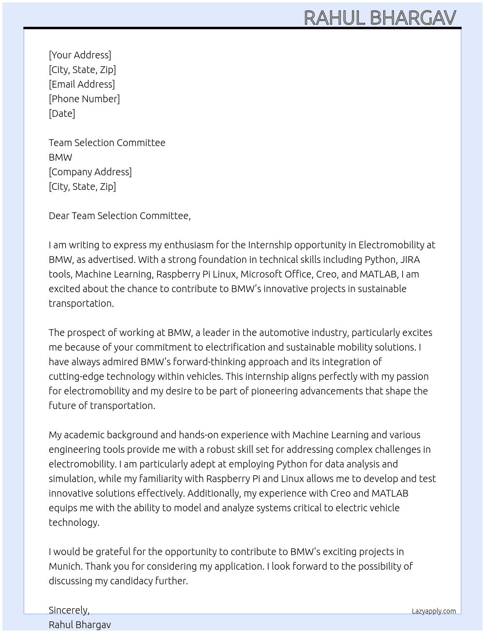 Cover letter for internship for electromobility - LazyApply