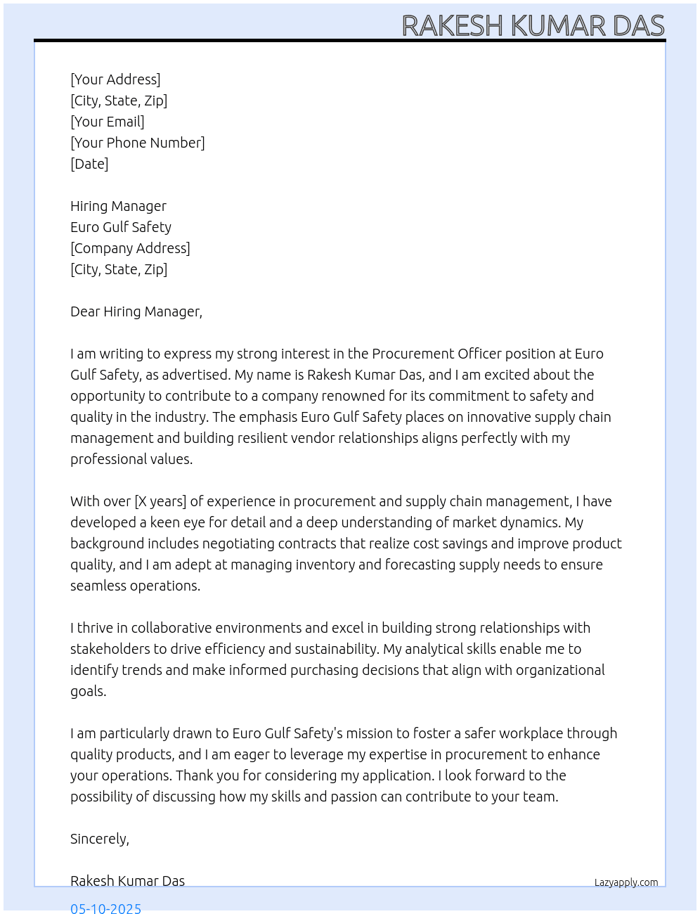 Procurement officer At eurogulfsafety.com Cover Letter