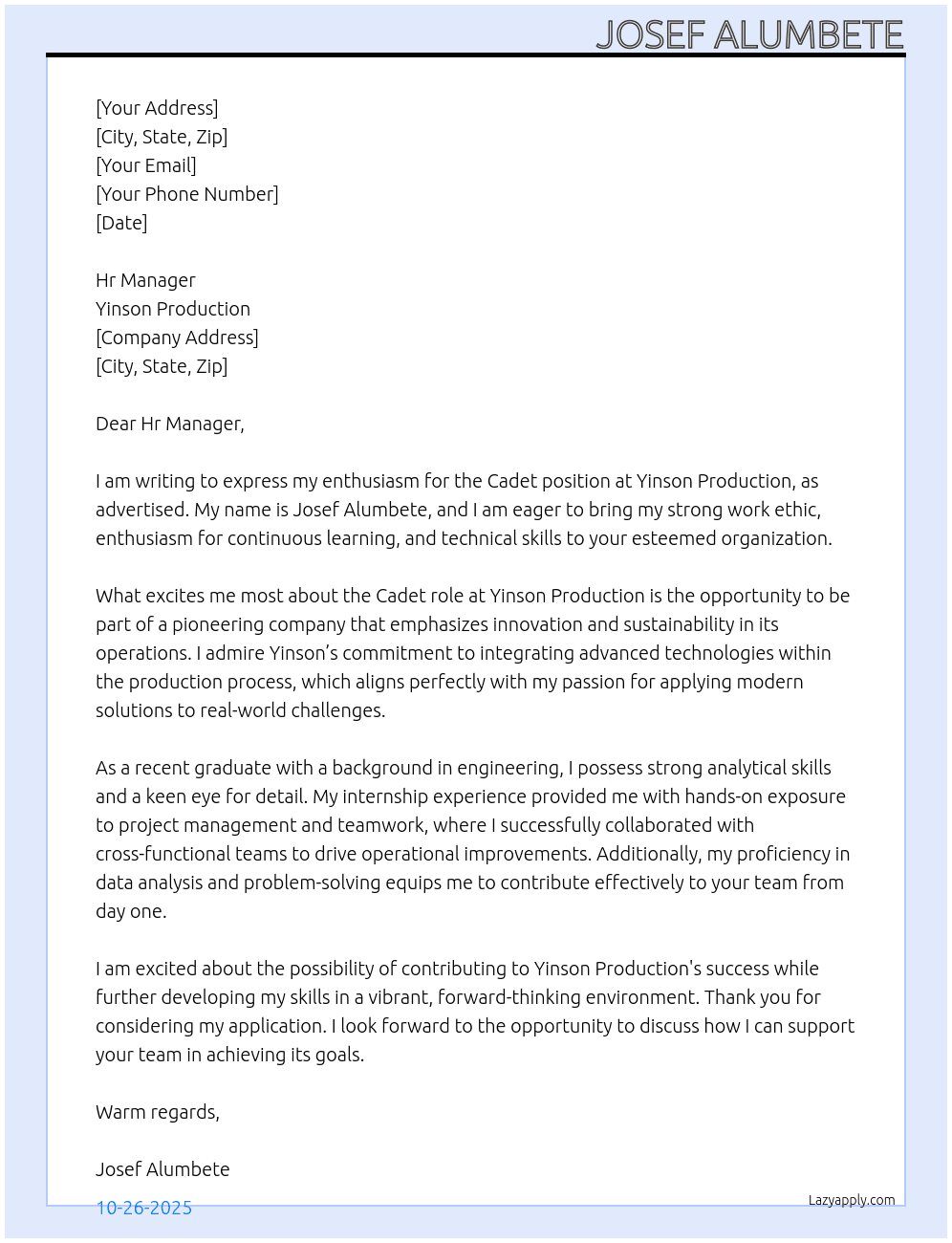 Cadet At Yinson production  Cover Letter