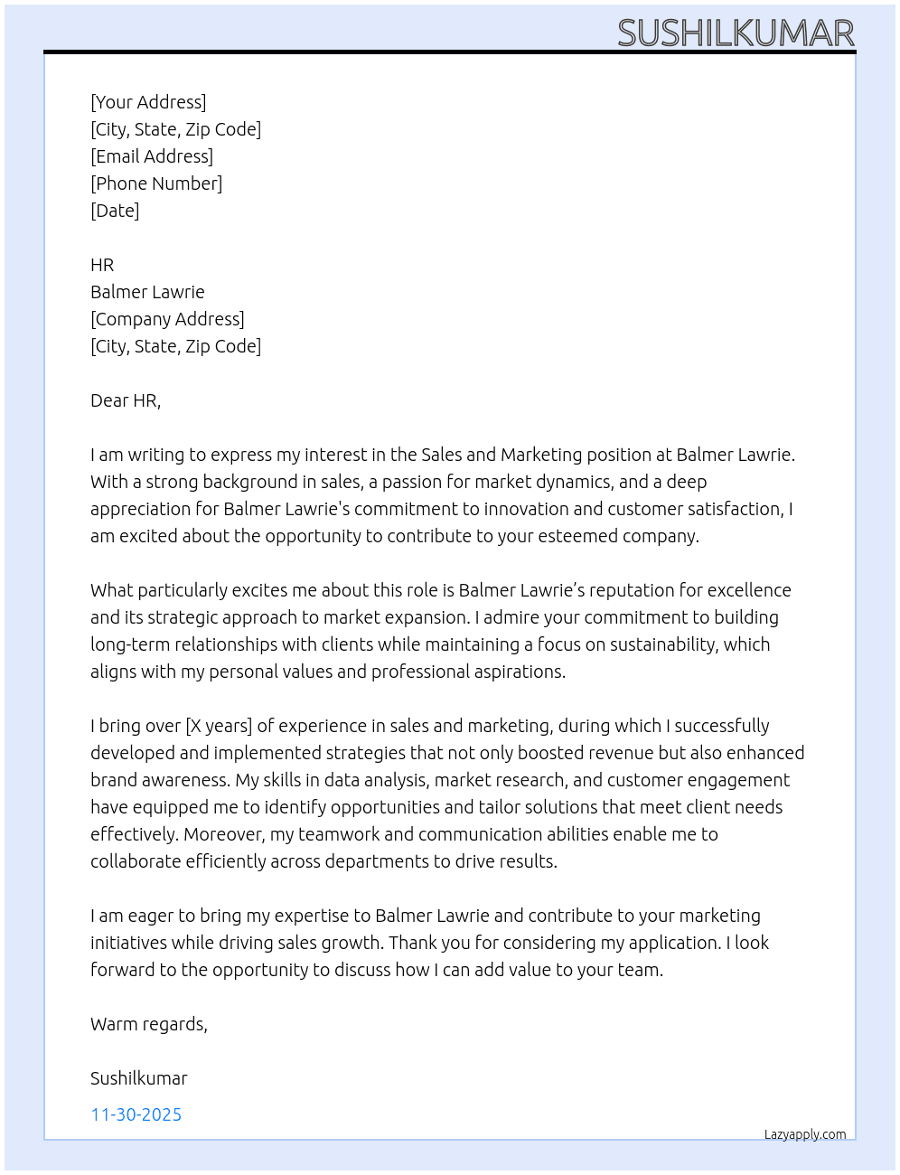 sale and marketing At balmer lawrie Cover Letter