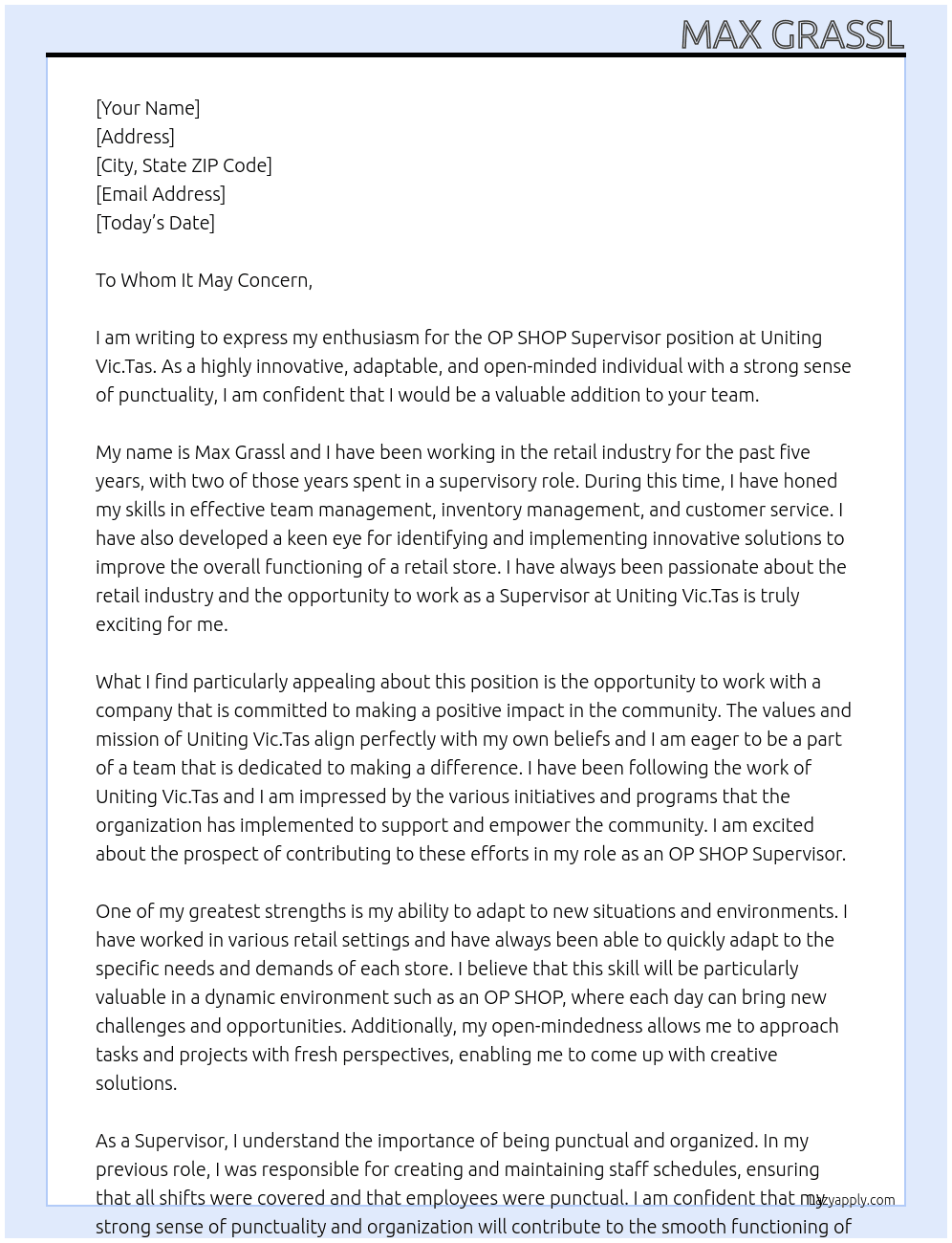OP SHOP Supervisor At Uniting Vic.Tas Cover Letter