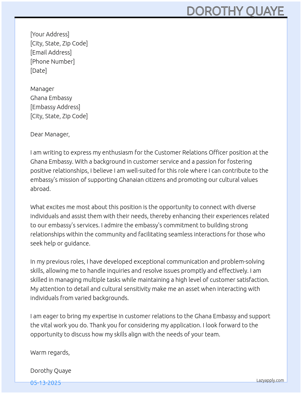 Customer Relations Officer  At Ghana Embassy  Cover Letter