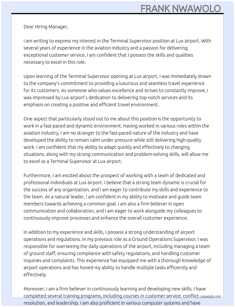 Cover letter for terminal supervisor - LazyApply