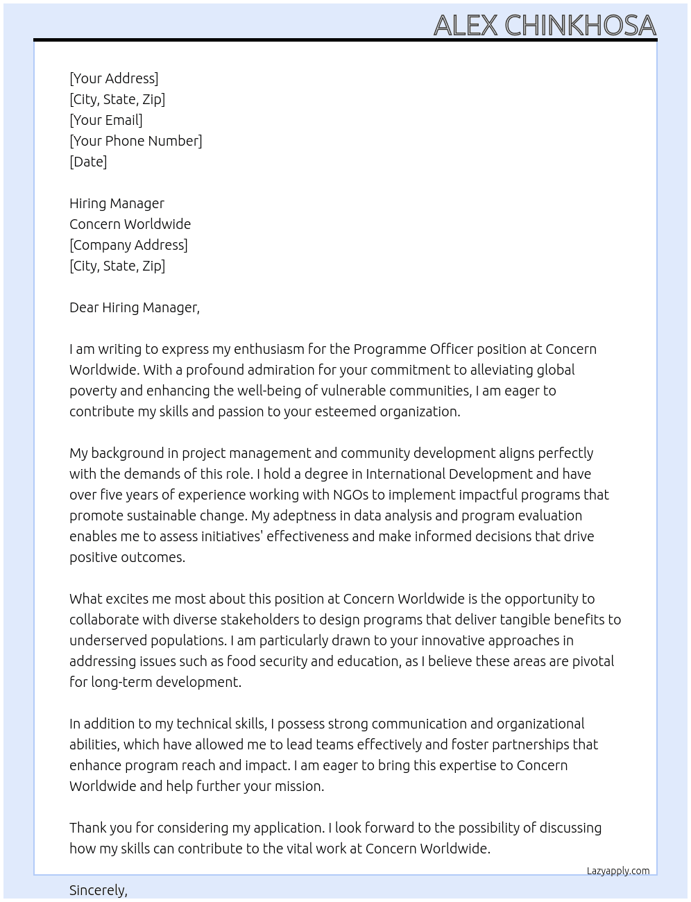 programme officer At concern worldwide Cover Letter