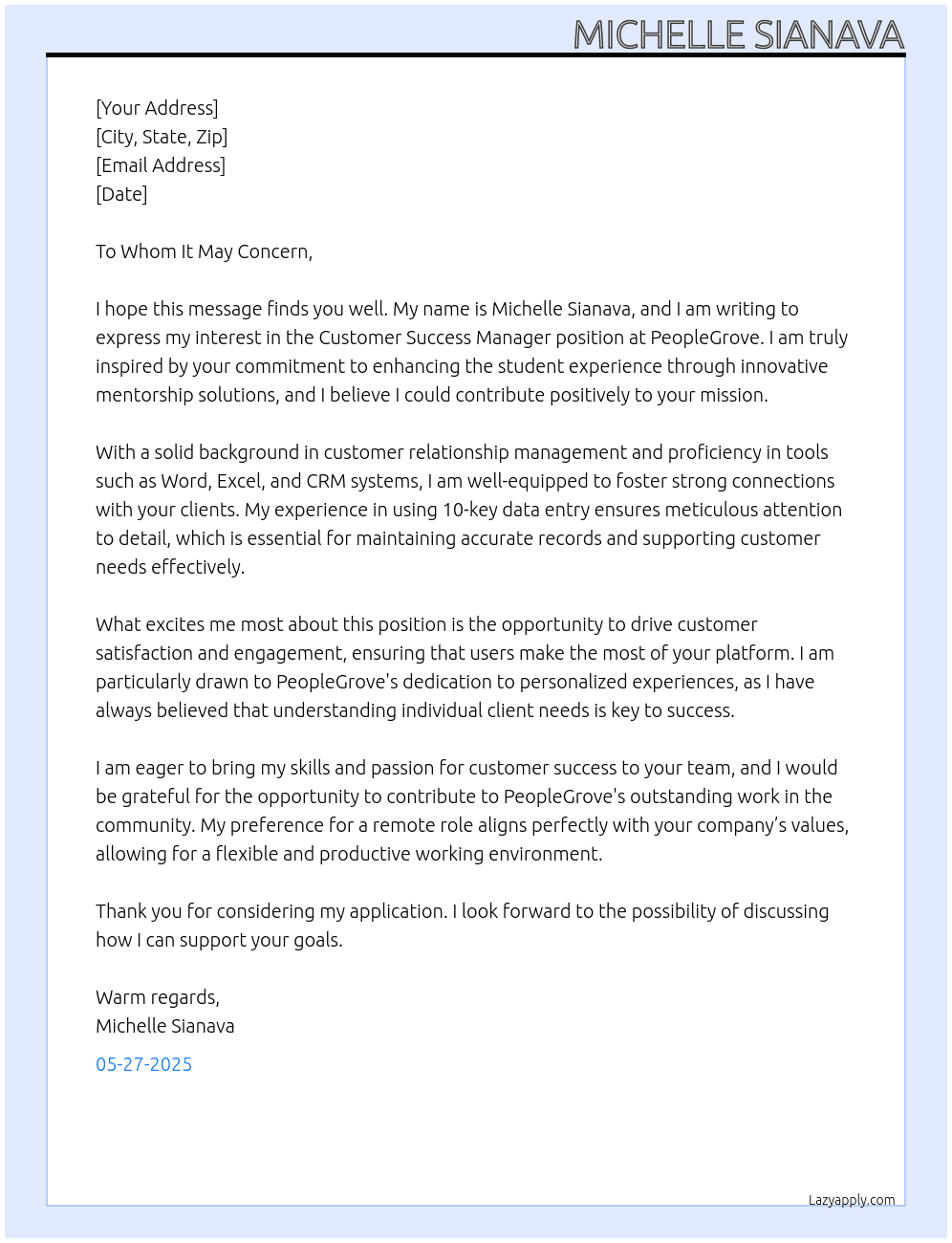 Cutomer sucess manager At PeopleGrove Cover Letter