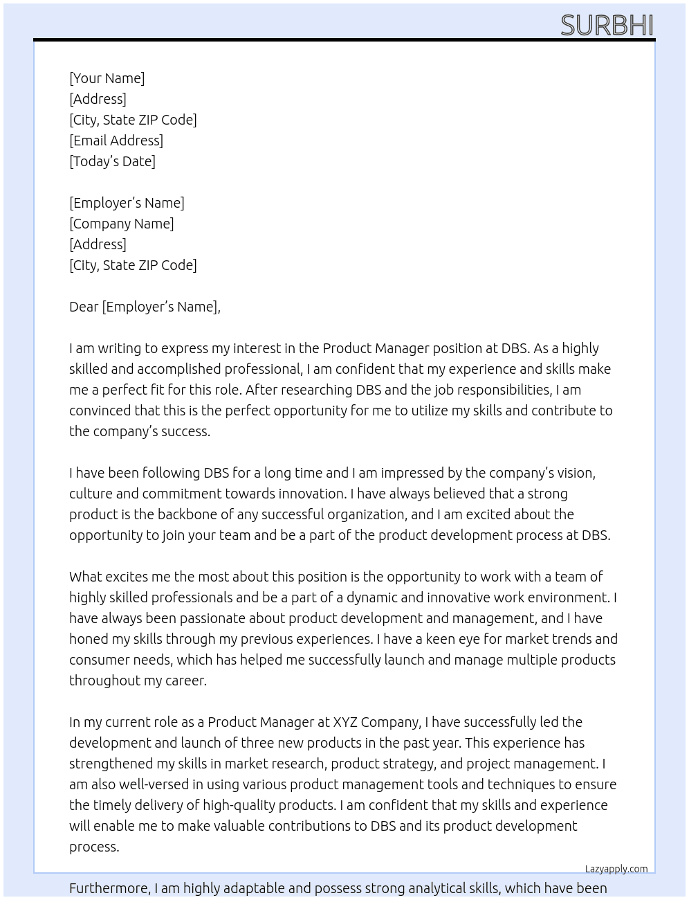 Product manager At DBS Cover Letter