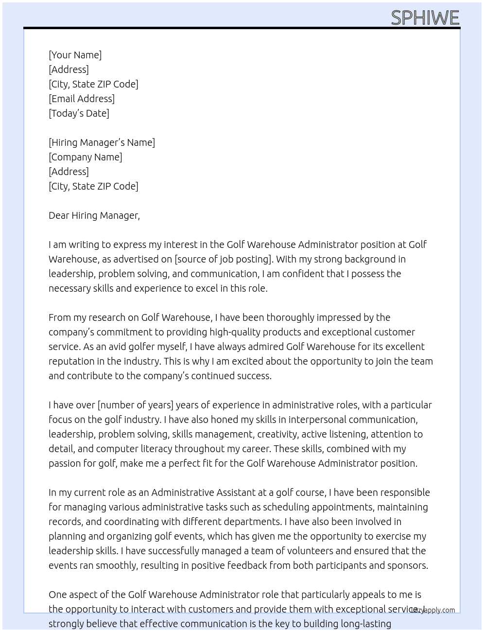 Golf Warehouse Administrator At Golf Warehouse Cover Letter