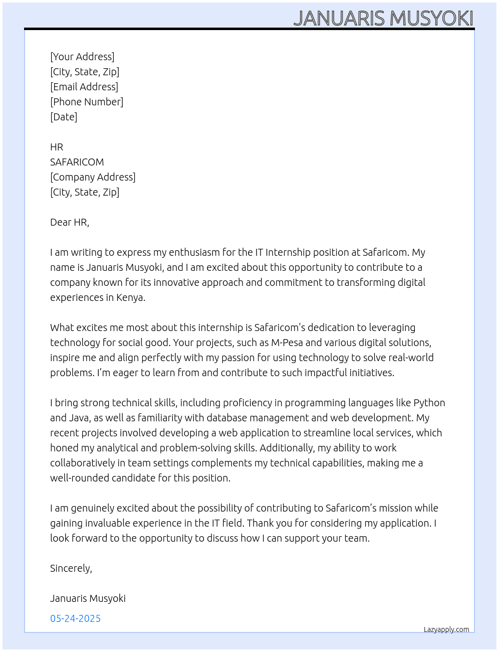 IT internship At SAFARICOM Cover Letter