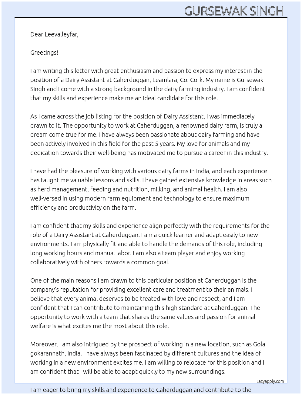 Dairy assistant  At  Caherduggan, Leamlara, Co. Cork, Cover Letter