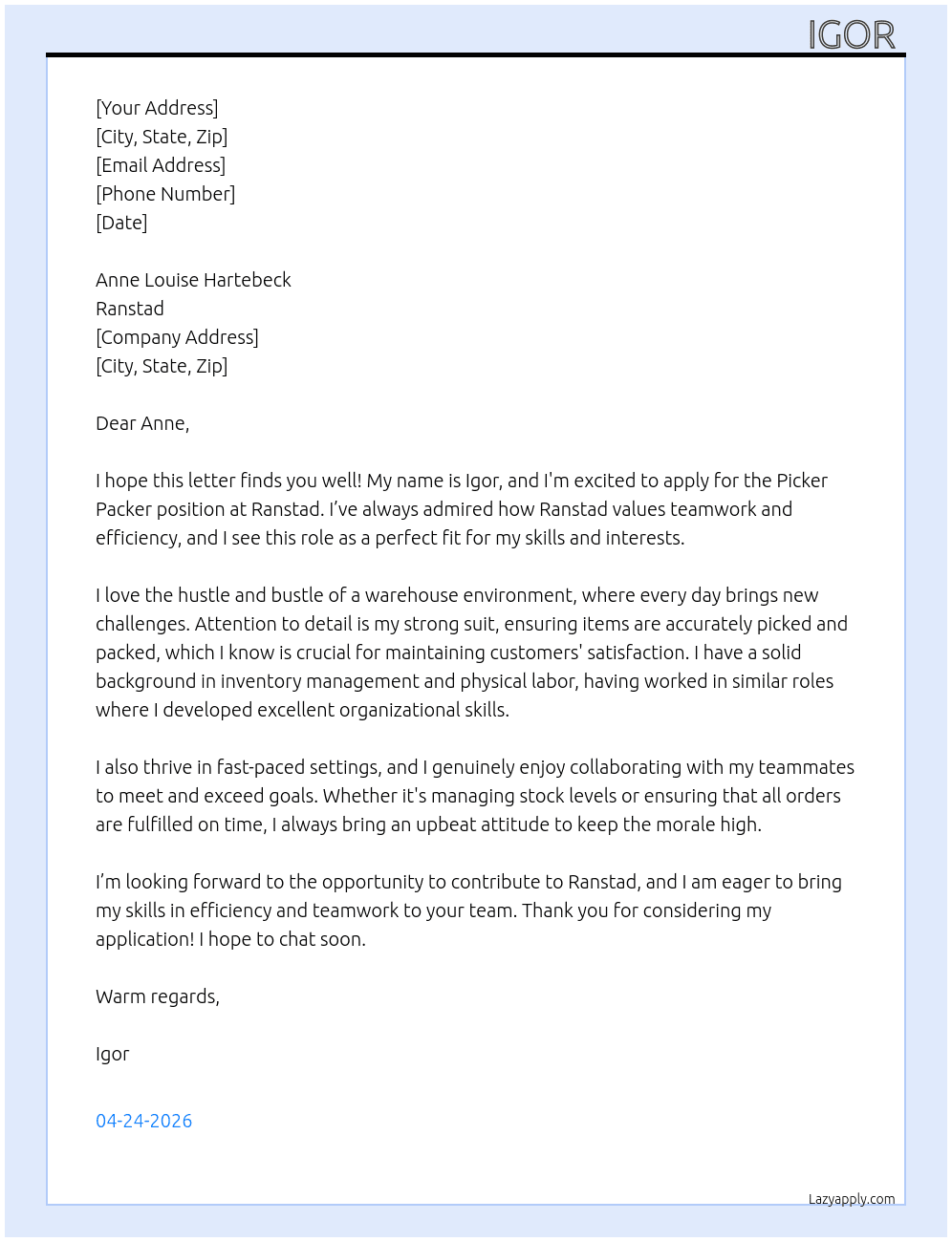 picker packer At ranstad Cover Letter