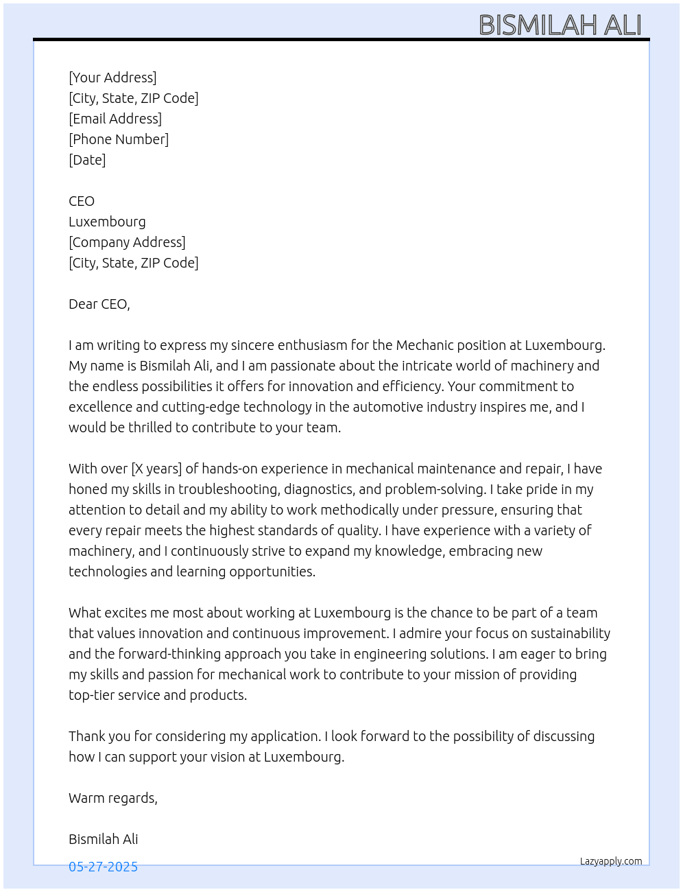 Mechanic  At Luxembourg  Cover Letter