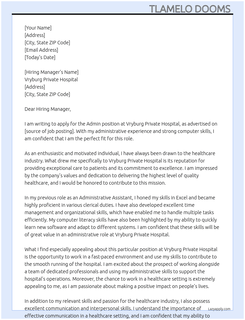Admin At Vryburg Private Hospital  Cover Letter