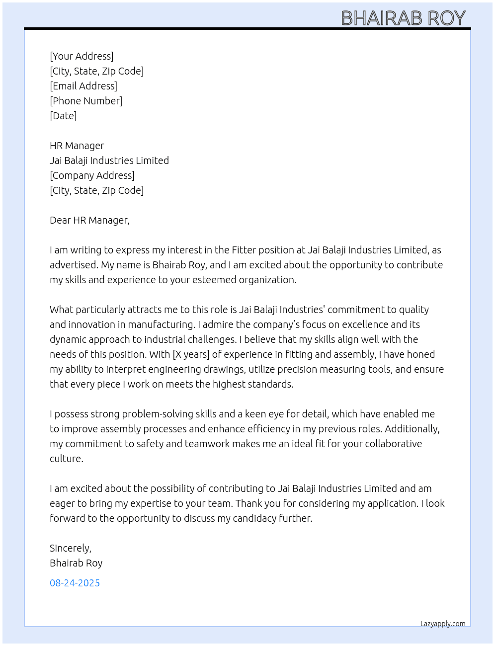 Fitter  At Jai Balaji industried limited  Cover Letter