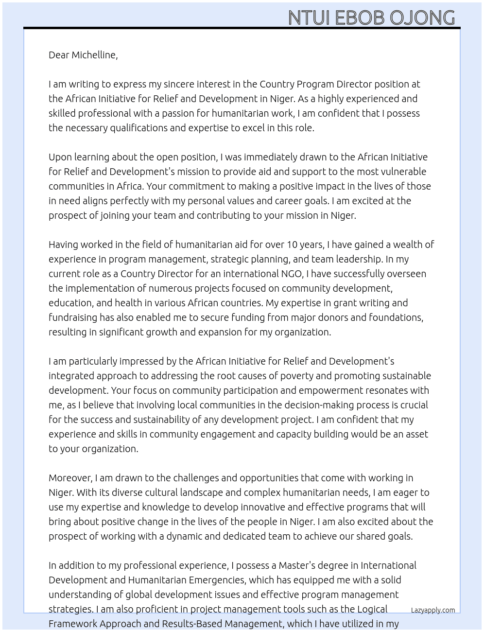 Country Program Director (Niger) At African Initiative for Relief and Development Cover Letter