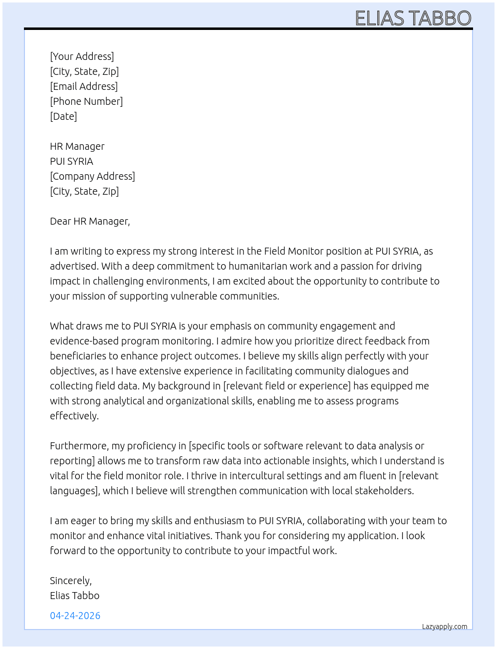 FIELD Monitor At PUI SYRIA  Cover Letter