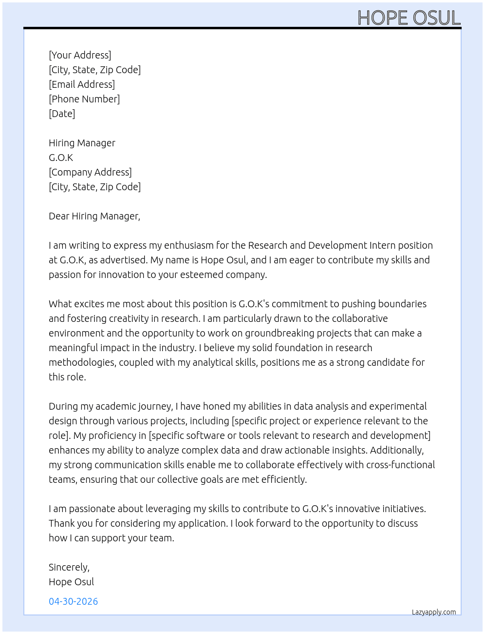 Research and Development Intern At G.O.K Cover Letter