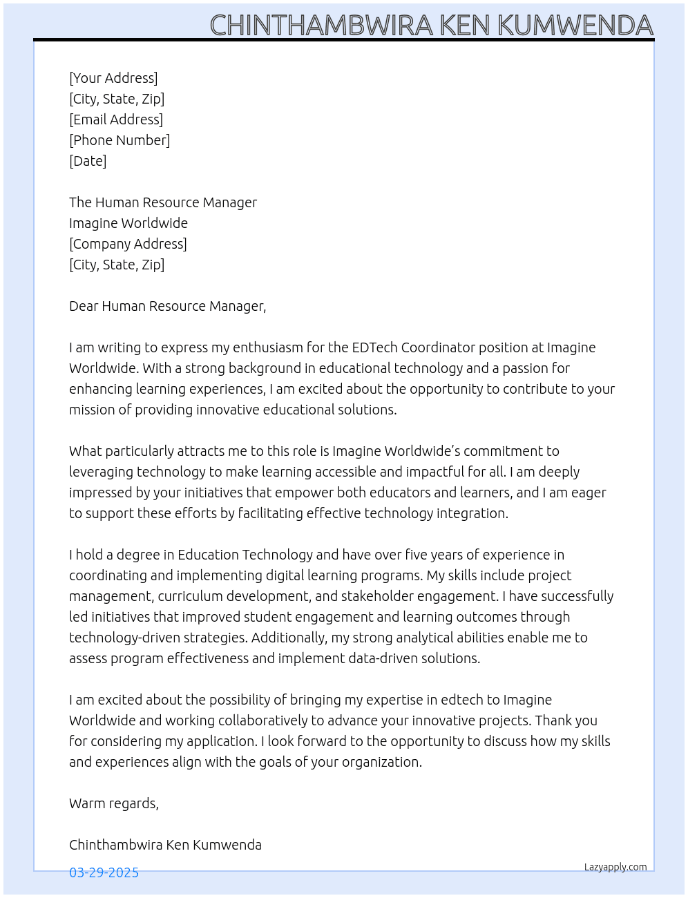 EDTech Coordinator At Imagine Worldwide Cover Letter