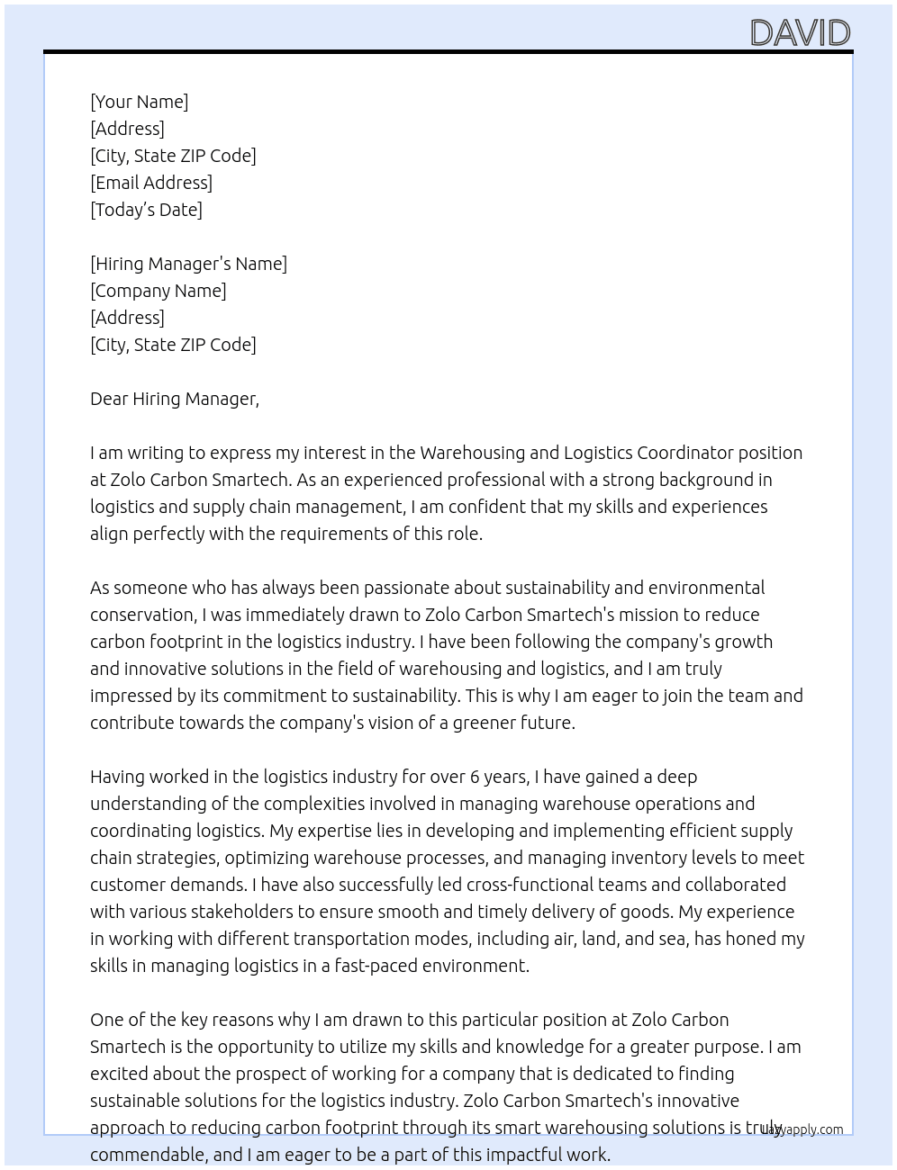 Warehousing and Logistics Coordinator At Zolo Carbon Smartech Cover Letter