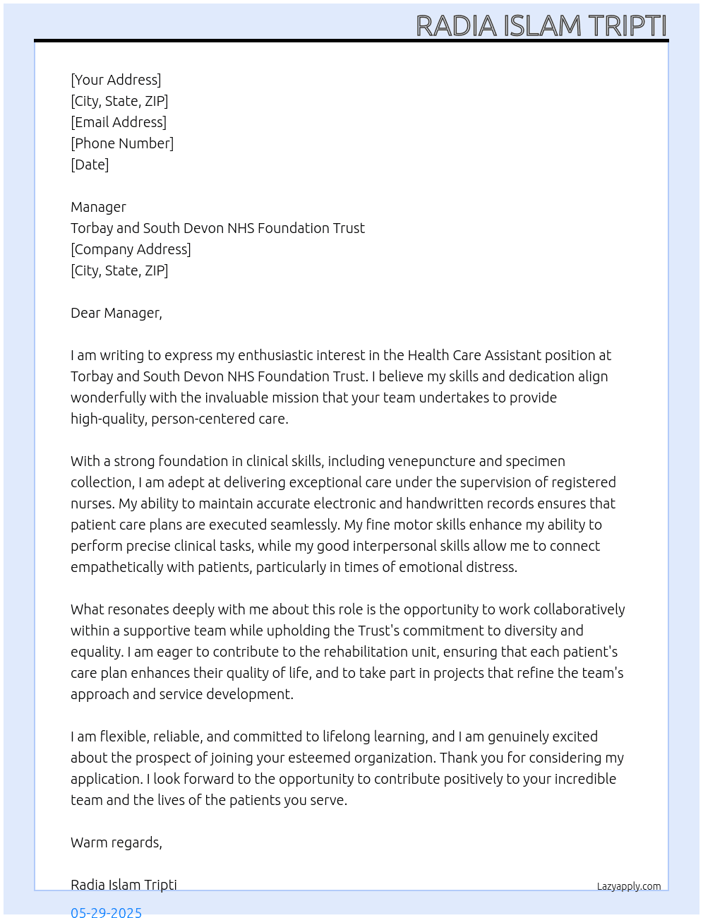 Health care assistant  At Torbay and South Devin NHS Foundation Trust  Cover Letter