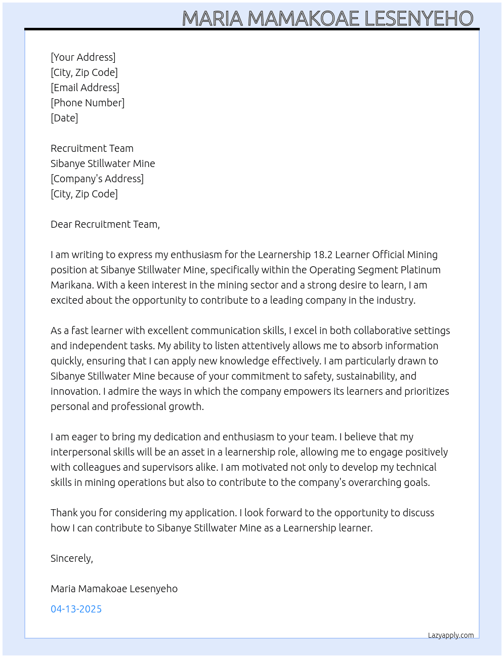 Learnership 18.2 Learner Official Mining  At Sibanye stillwater mine Cover Letter