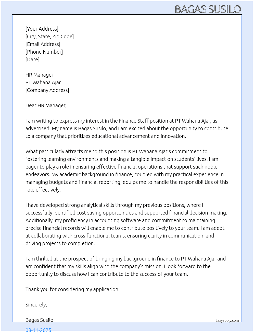 Finance Staff At PT Wahana ajar Cover Letter