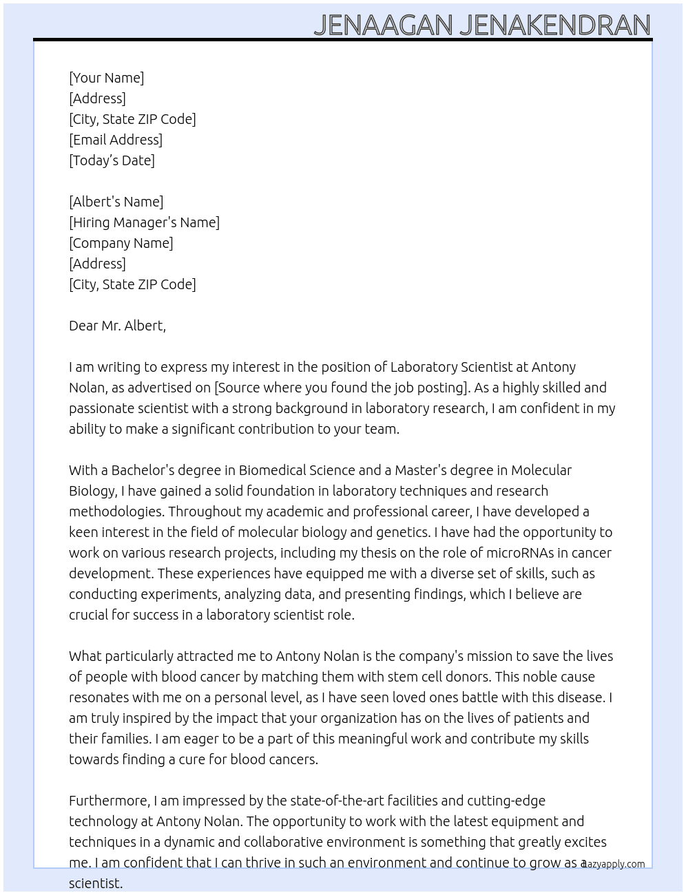 Laboratory Scientist At Antony Nolan Cover Letter