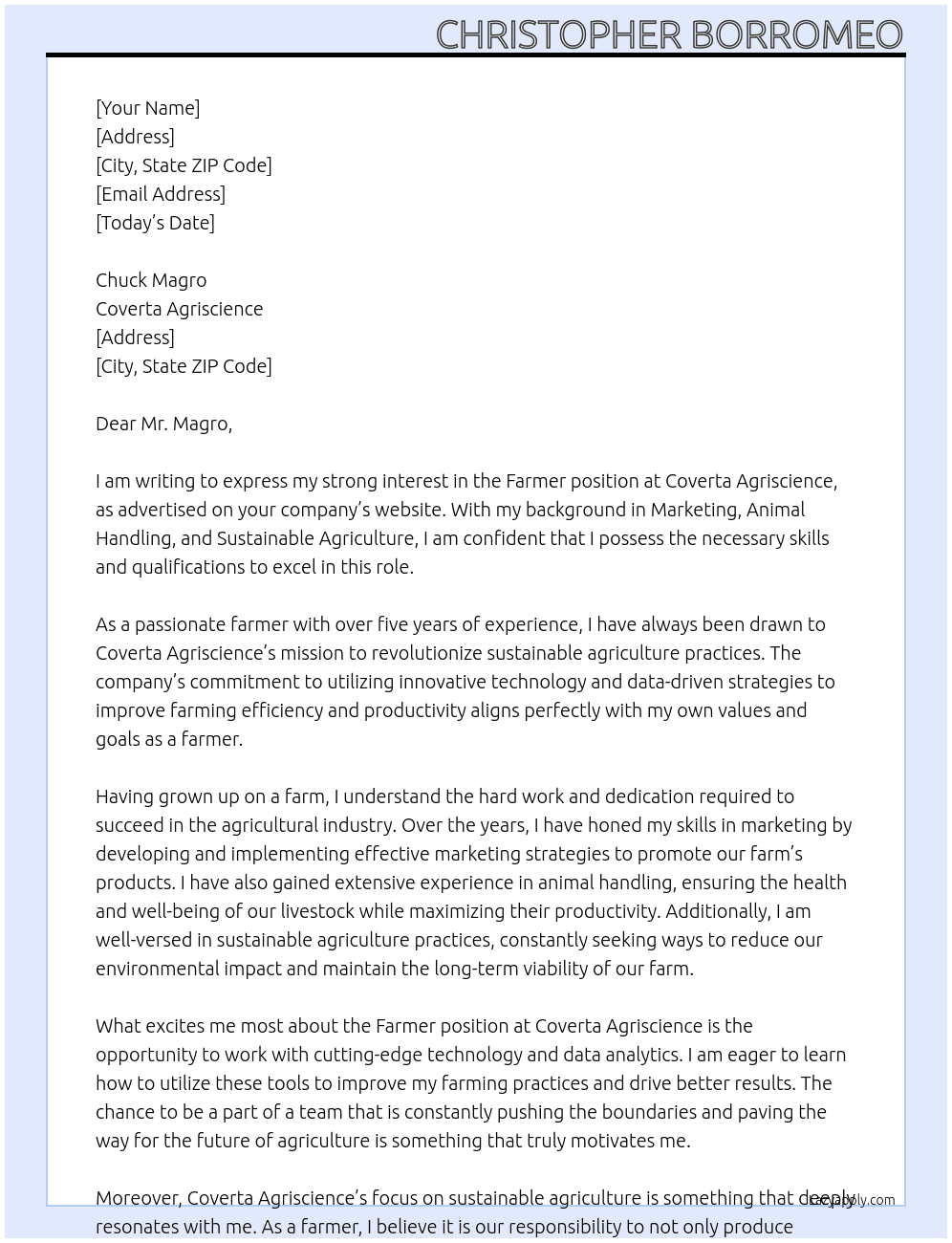 FARMER At COVERTA AGRISCIENCE Cover Letter