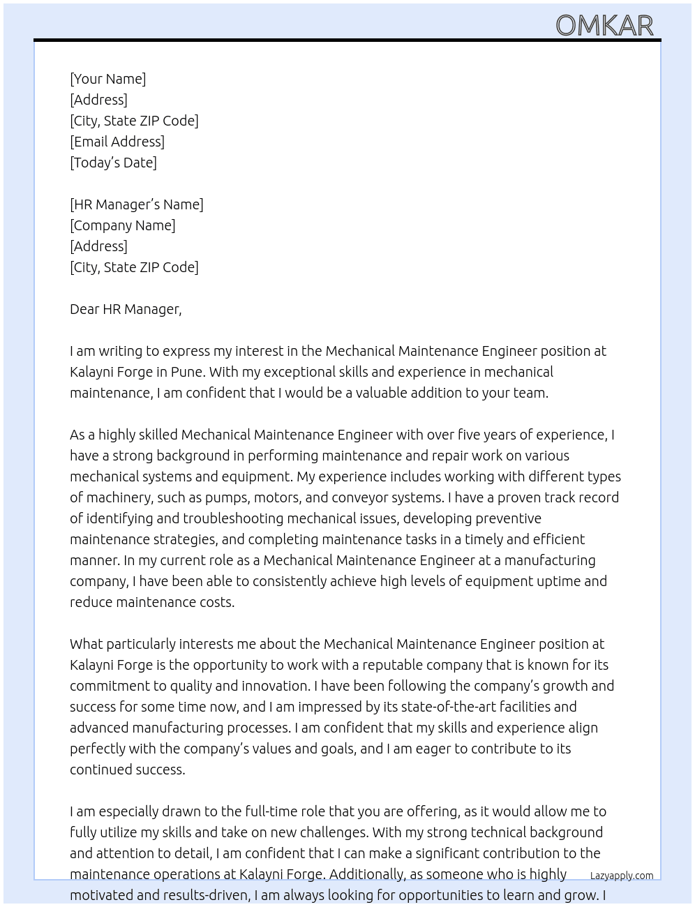 Mechanical Maintenance Engineer  At Kalayni Forge  Cover Letter