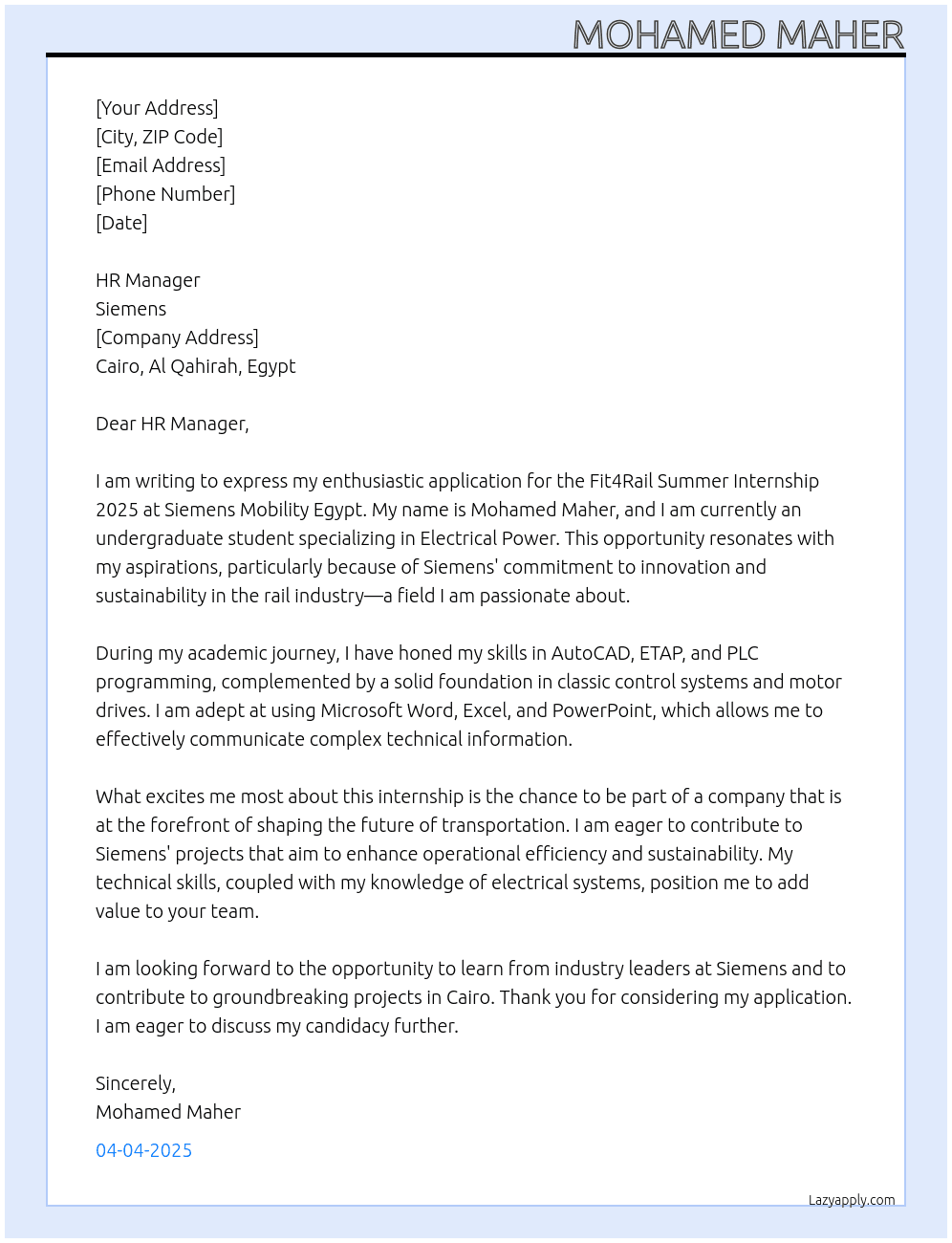 Cover letter for ungraduate student , electrical power - LazyApply
