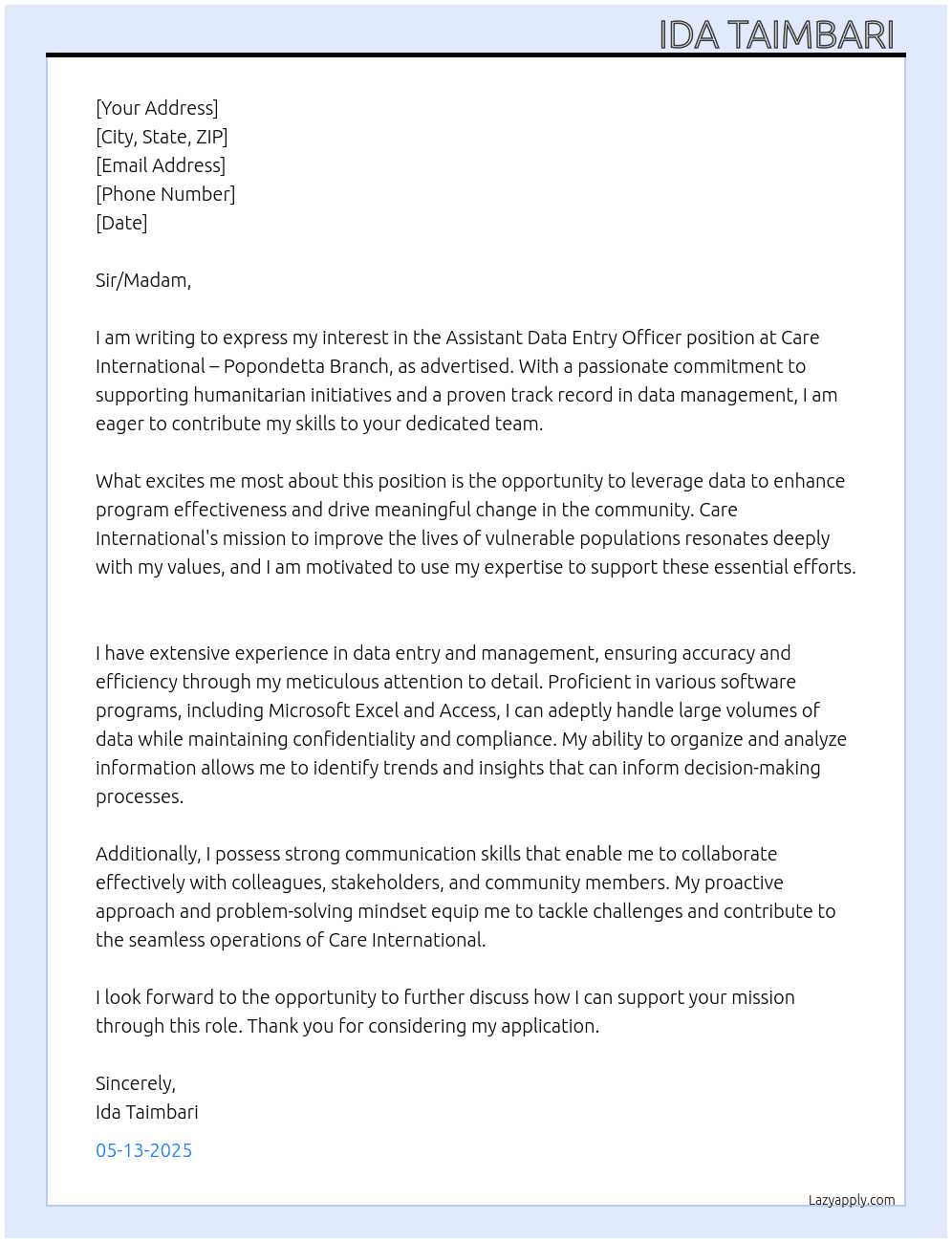 Cover letter for application for assistant data entry officer position - LazyApply