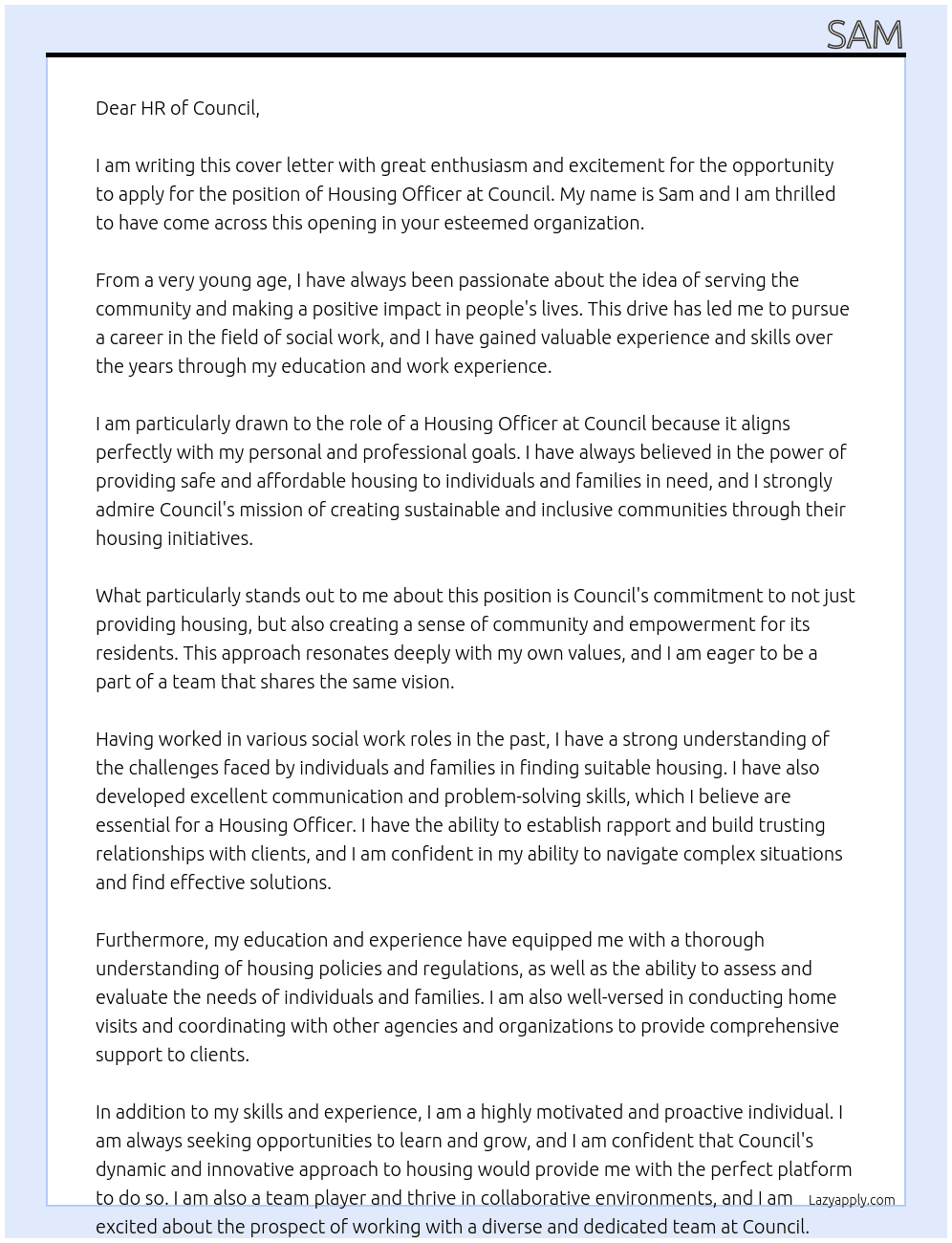 Housing Officer  At Council Cover Letter