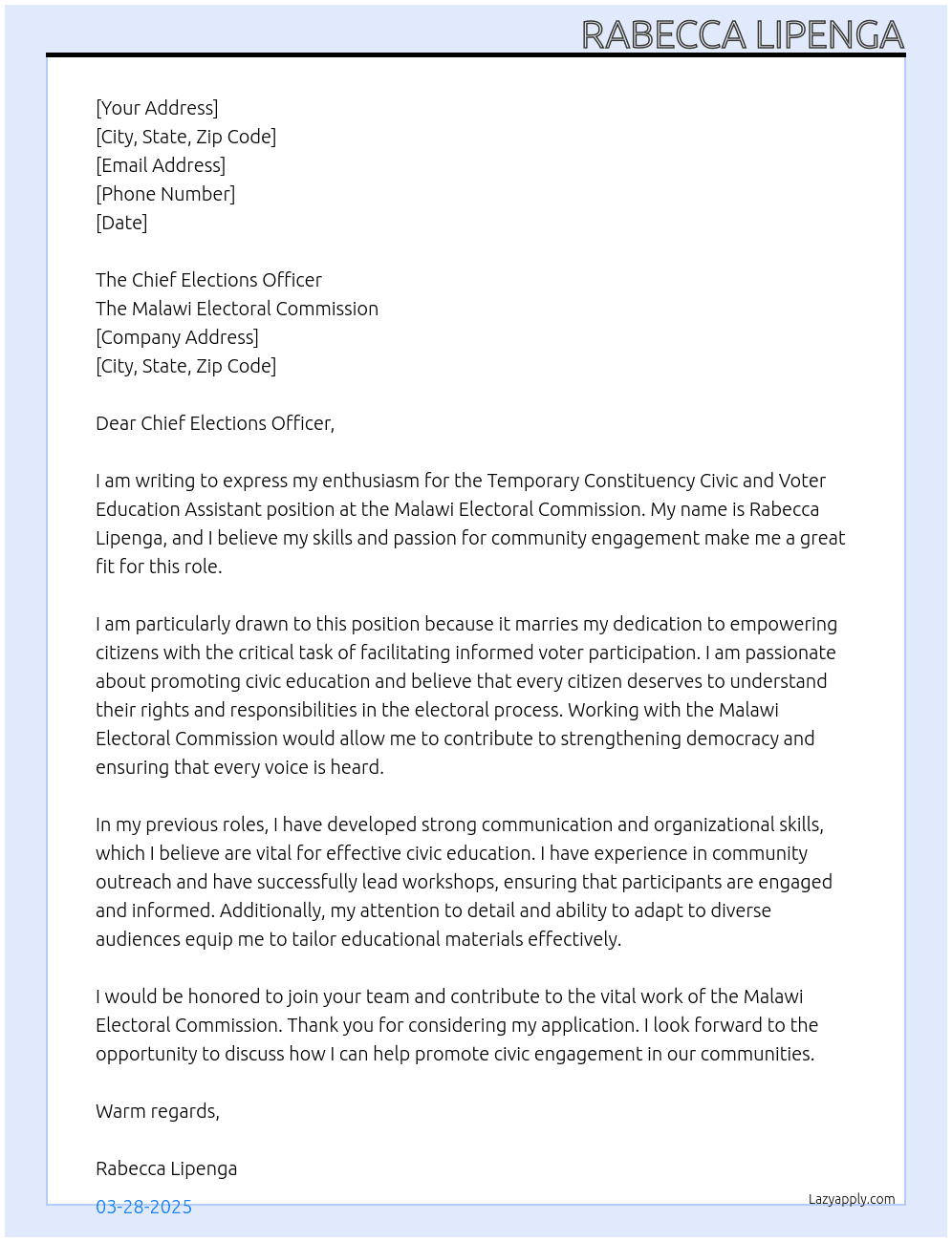 Temporary Constituency Civic and Voter Education Assistants  At The Malawi Electoral Commission Cover Letter
