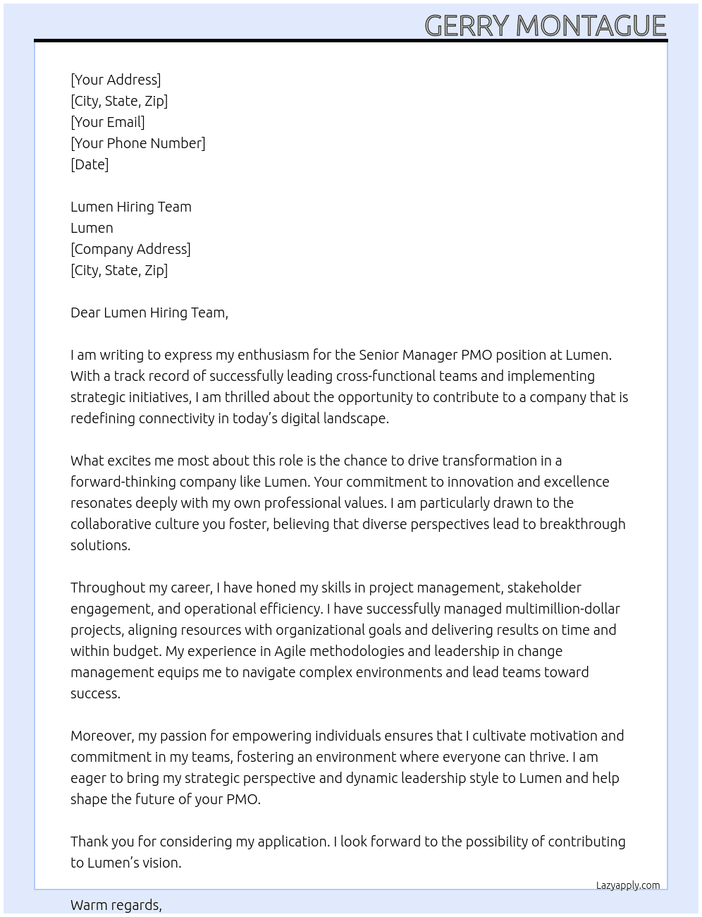 Senior Manager PMO At Lumen Cover Letter