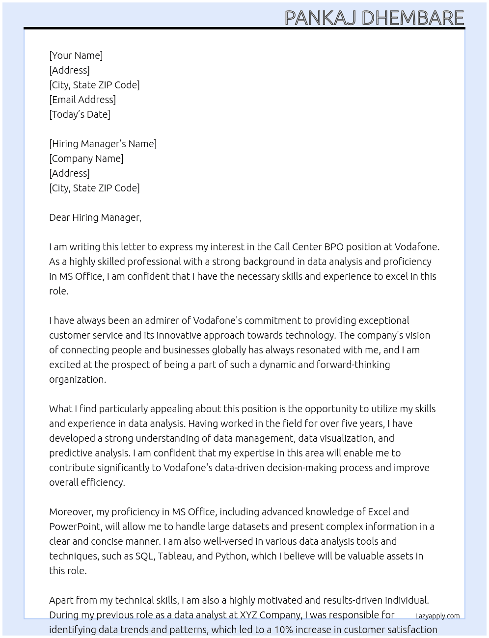 Cover letter for call center bpo - LazyApply