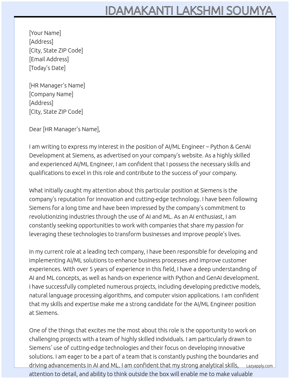 AI/ML Engineer – Python & GenAI Development At siemens Cover Letter