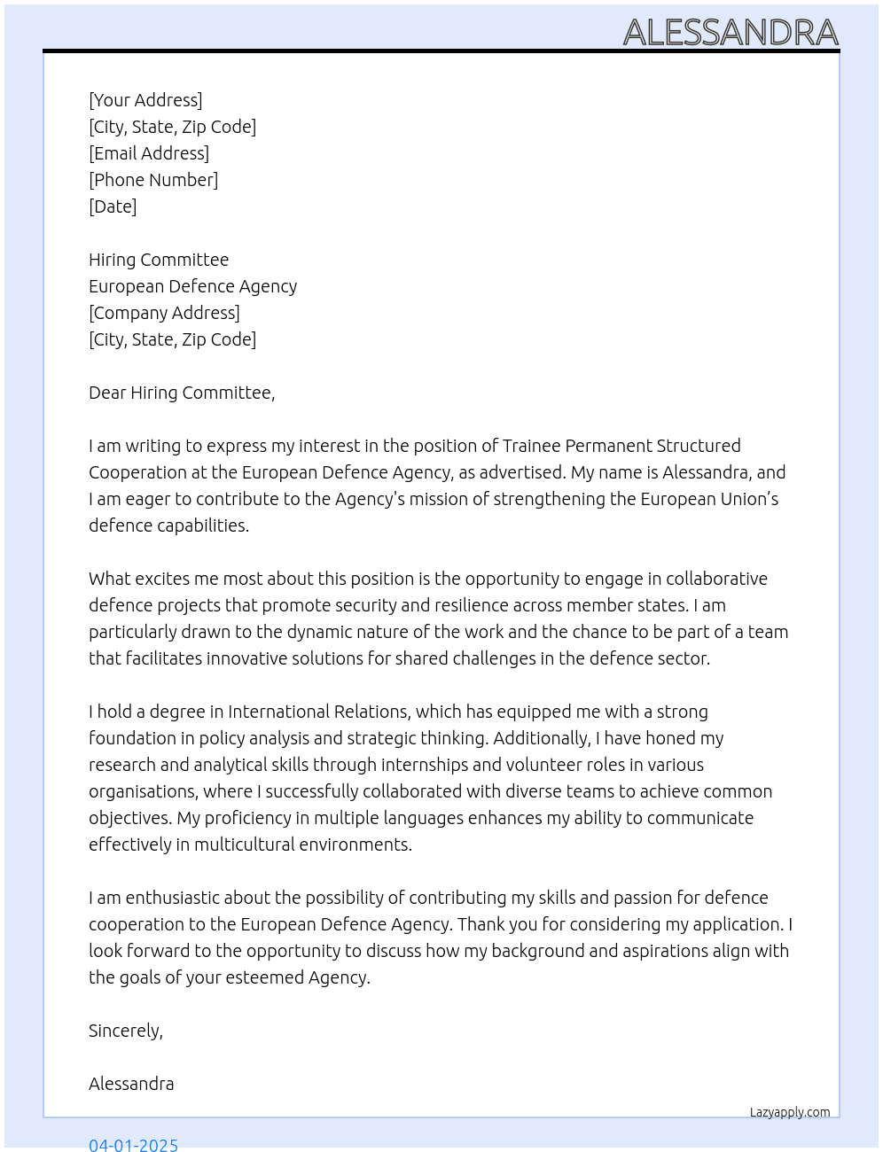 Trainee Permanent Structured Cooperation At European defence Agency Cover Letter
