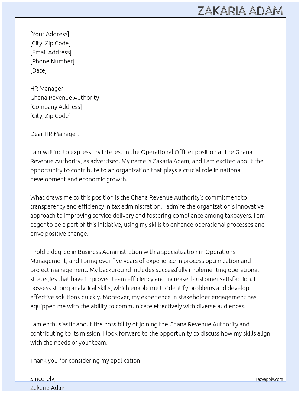 Operational Officer At Ghana Revenue Authority  Cover Letter