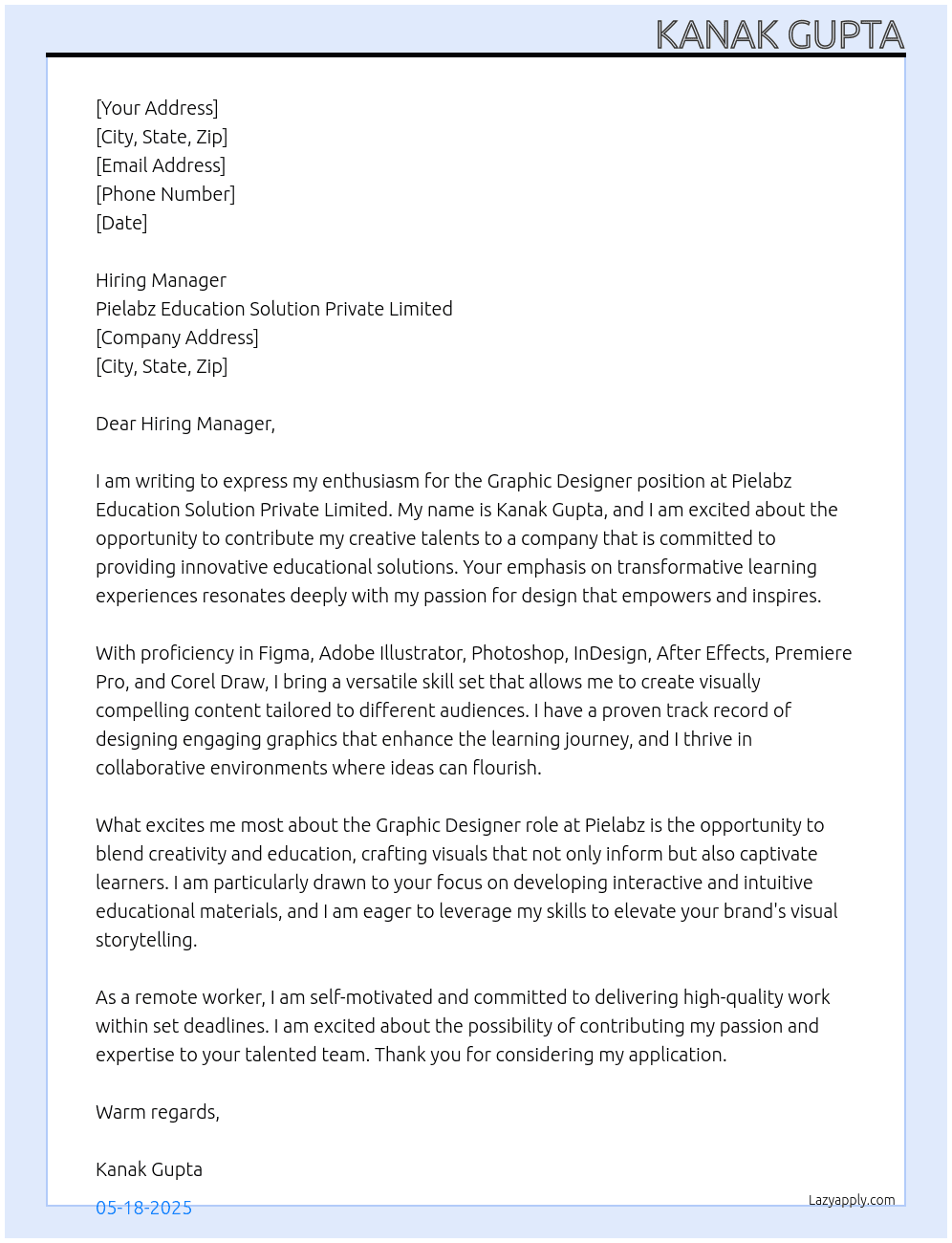 Graphic Designer  At Pielabz Education Solution Private Limited Cover Letter