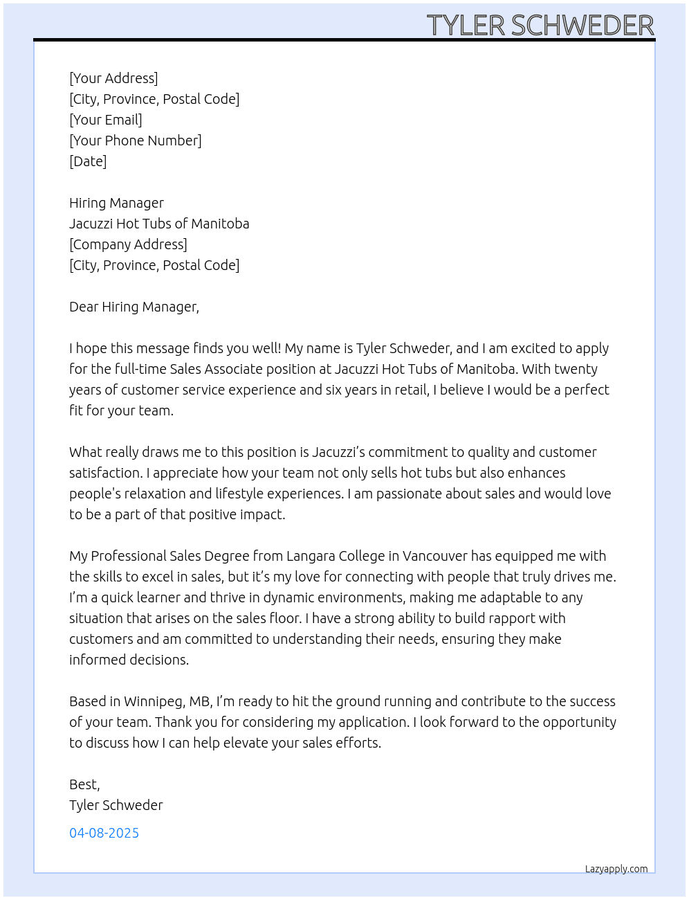 Sales Associate At Jacuzzi Hot Tubs of Manitoba Cover Letter
