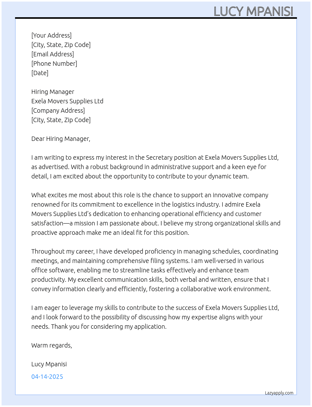 Secretary At Exela movers supplies ltd Cover Letter