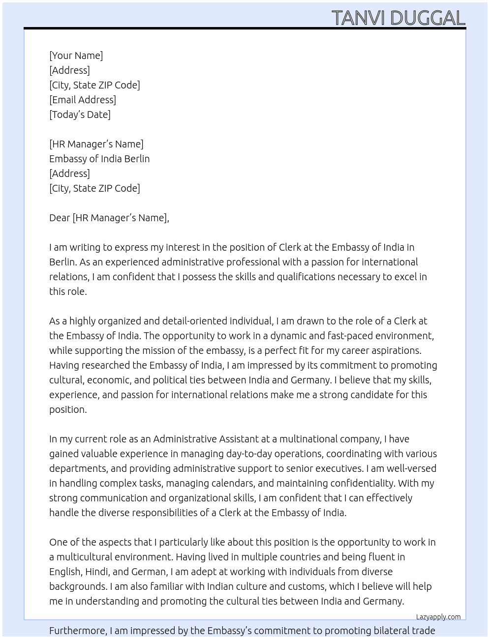 Position of Clerk in the Embassy of India, Berlin At Embassy of India Berlin  Cover Letter